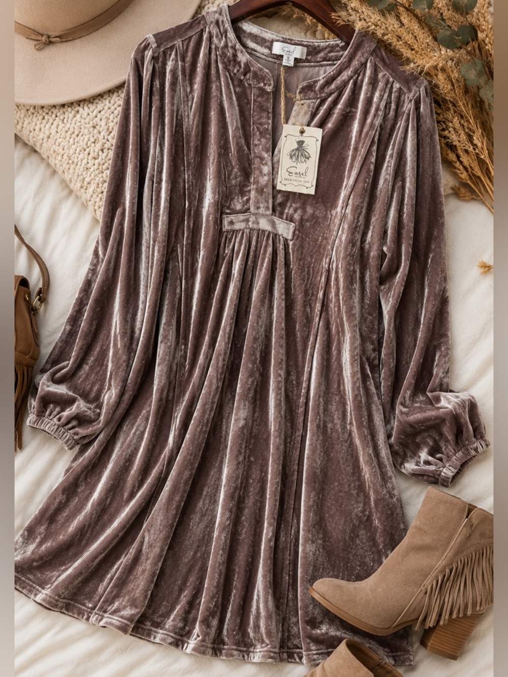 NWT Easel Velvet Babydoll Dress Mauve Pink Long Sleeve Boho Size Small